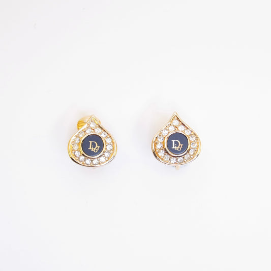 Christian Dior Vintage Dior Logo Black and Rhinestone Teardrop Golden Clip-on Earrings