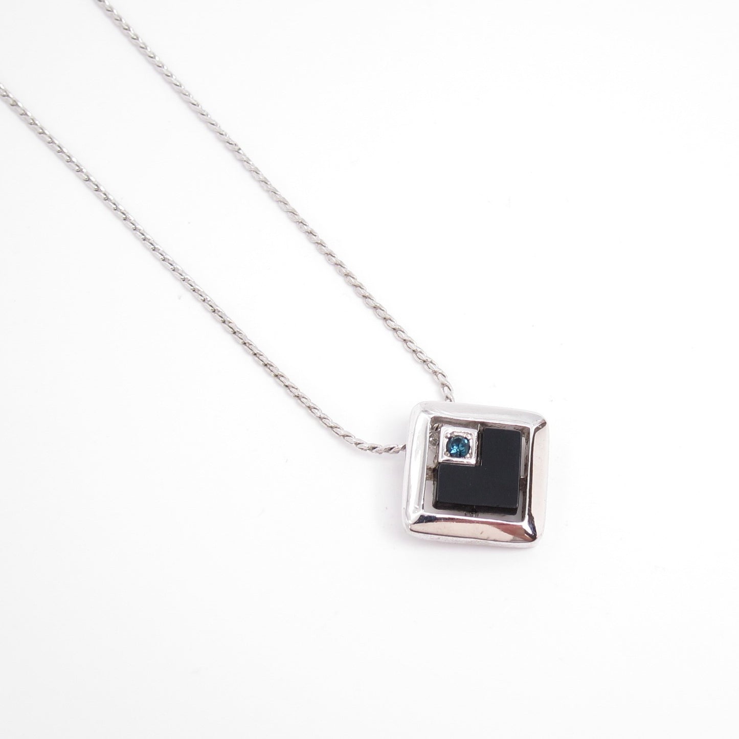 Givenchy Vintage Geometric Black and Blue Color Stone Silver Pendant Necklace