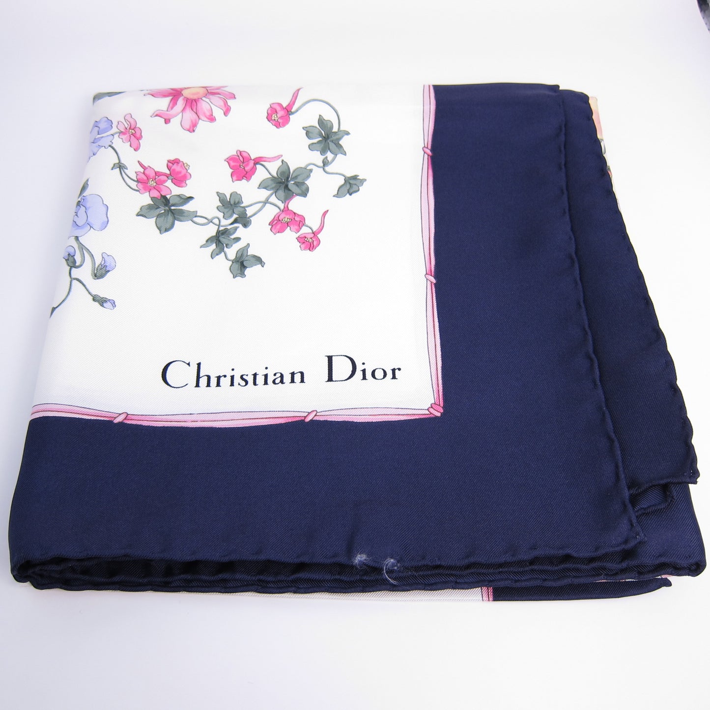 Christian Dior Vintage Floral Motif with Navy Blue Border Silk Scarf