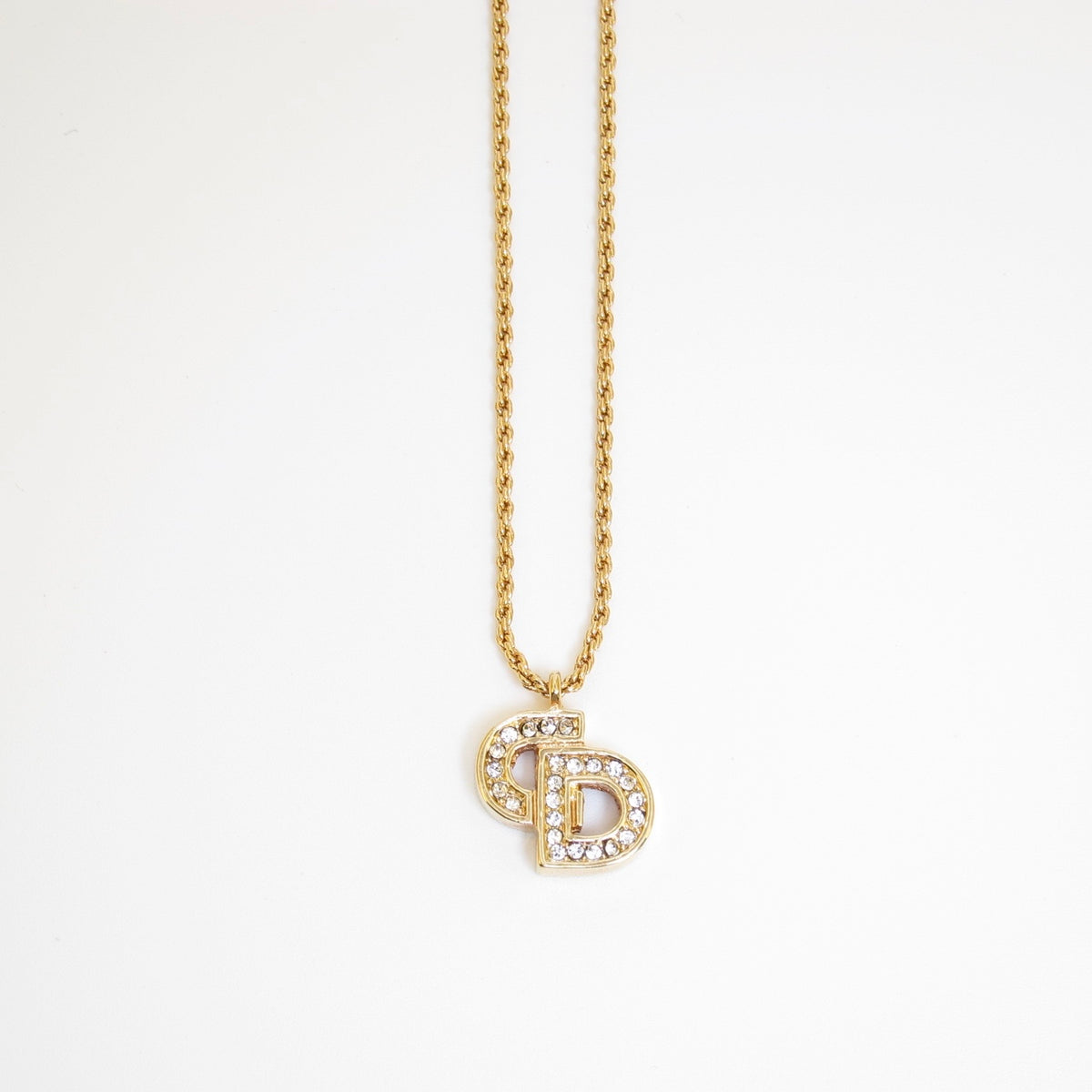 Christian Dior 中古密鑲閃石 CD 字母金色頸鏈，44 厘米