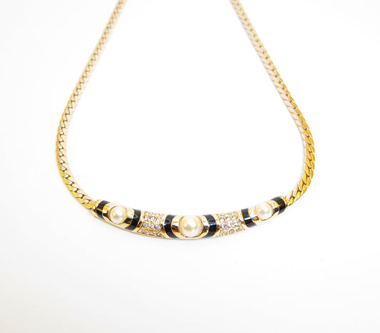 Christian Dior Vintage Pearl and Rhinestone Black and Golden Necklace