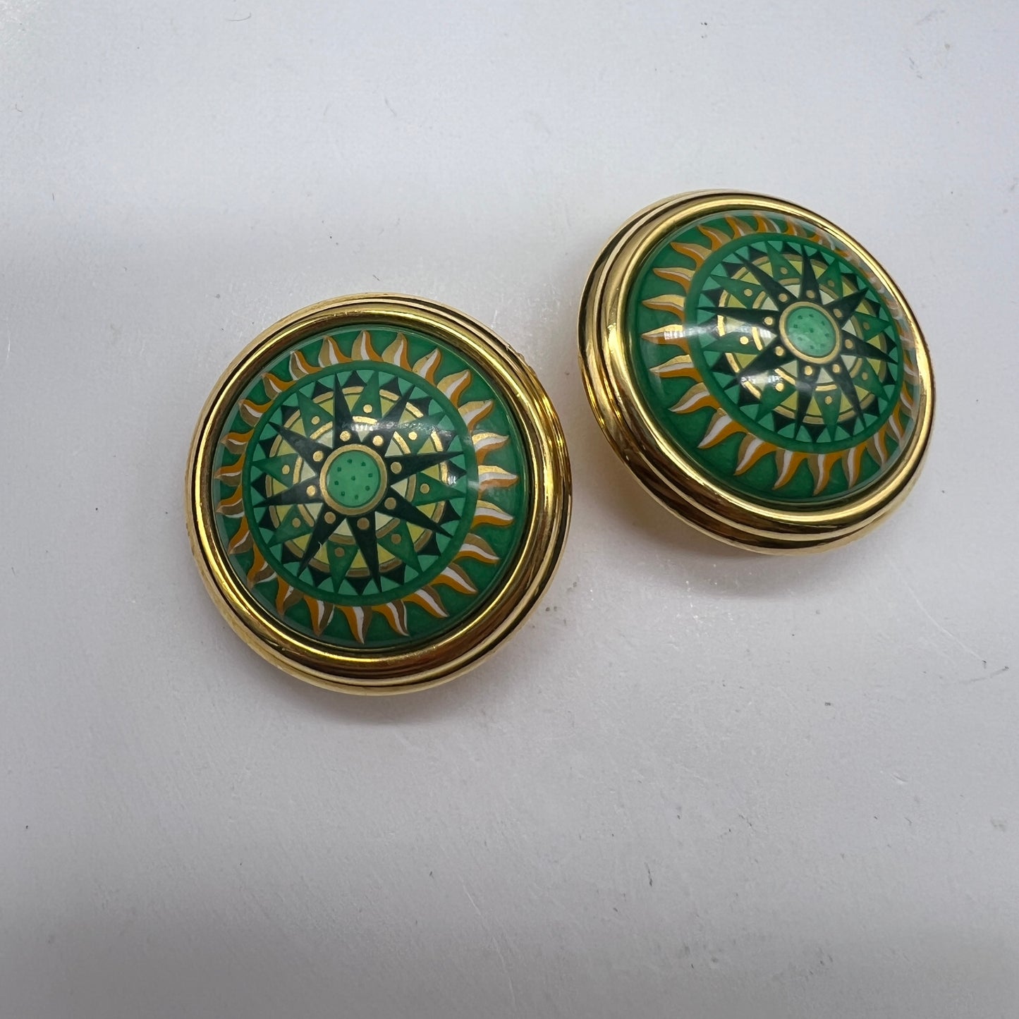 Hermes Vintage Green X Gold Enamelled Circle Clip-On Earrings