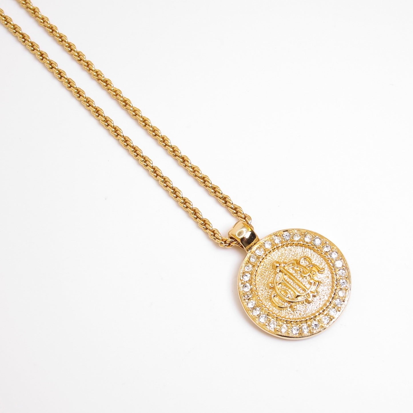 Christian Dior Vintage Dior Logo on Round Shaped with Rhinestone Golden Necklaces