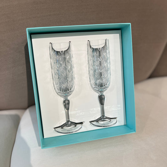 Tiffany Vintage Flower Motif Flute Type Champagne Glass Set of 2