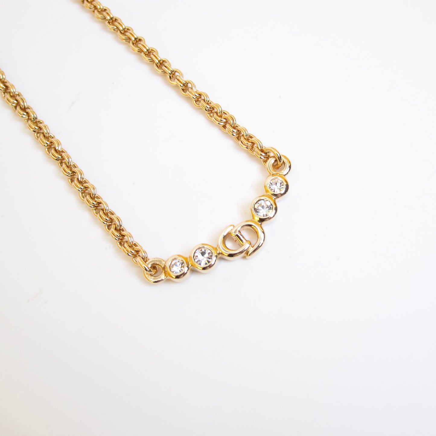 Christian Dior Vintage CD Logo and Rhinestone Golden Necklace