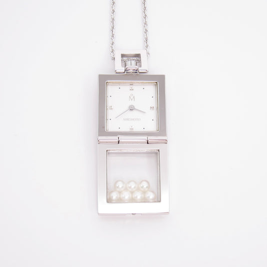 Mikimoto Vintage Square White Face Silver Pendant Watch with Pearl Box and Necklace