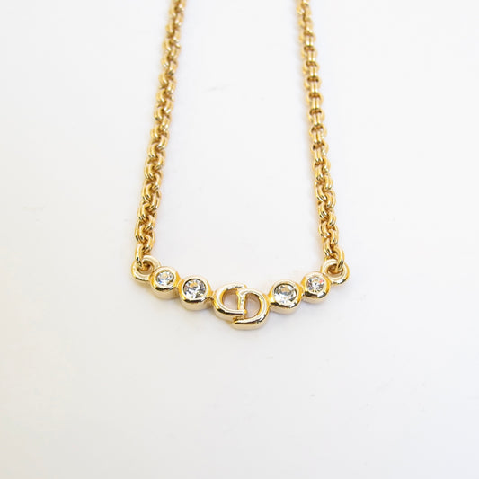 Christian Dior Vintage CD Logo and Rhinestone Golden Necklace