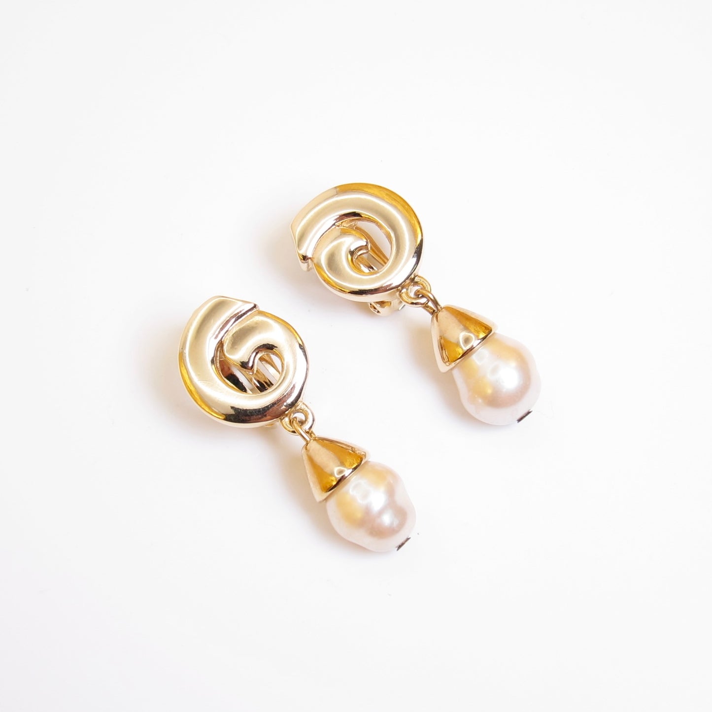 Givenchy Vintage G Logo and Pearl Drop Golden Clip-on Earrings