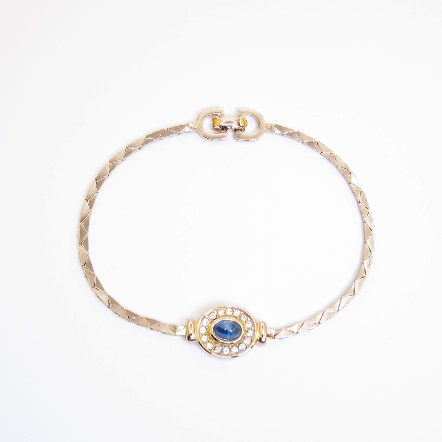 Christian Dior Vintage Oval Shaped Blue Color Stone with Rhinestone Golden Bracelet