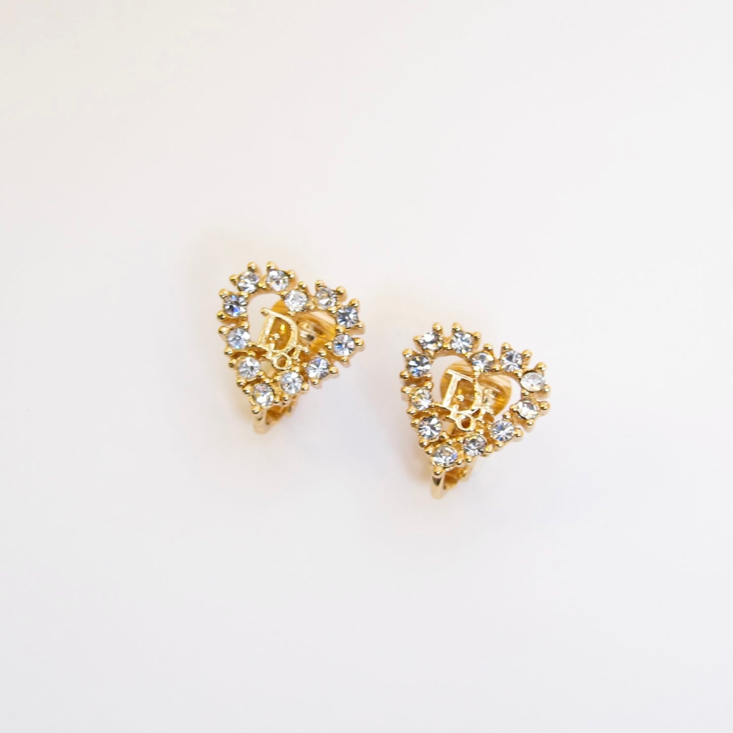 Christian Dior Vintage Dior Logo in Heart with Rhinestone Golden Clip-on Earrings