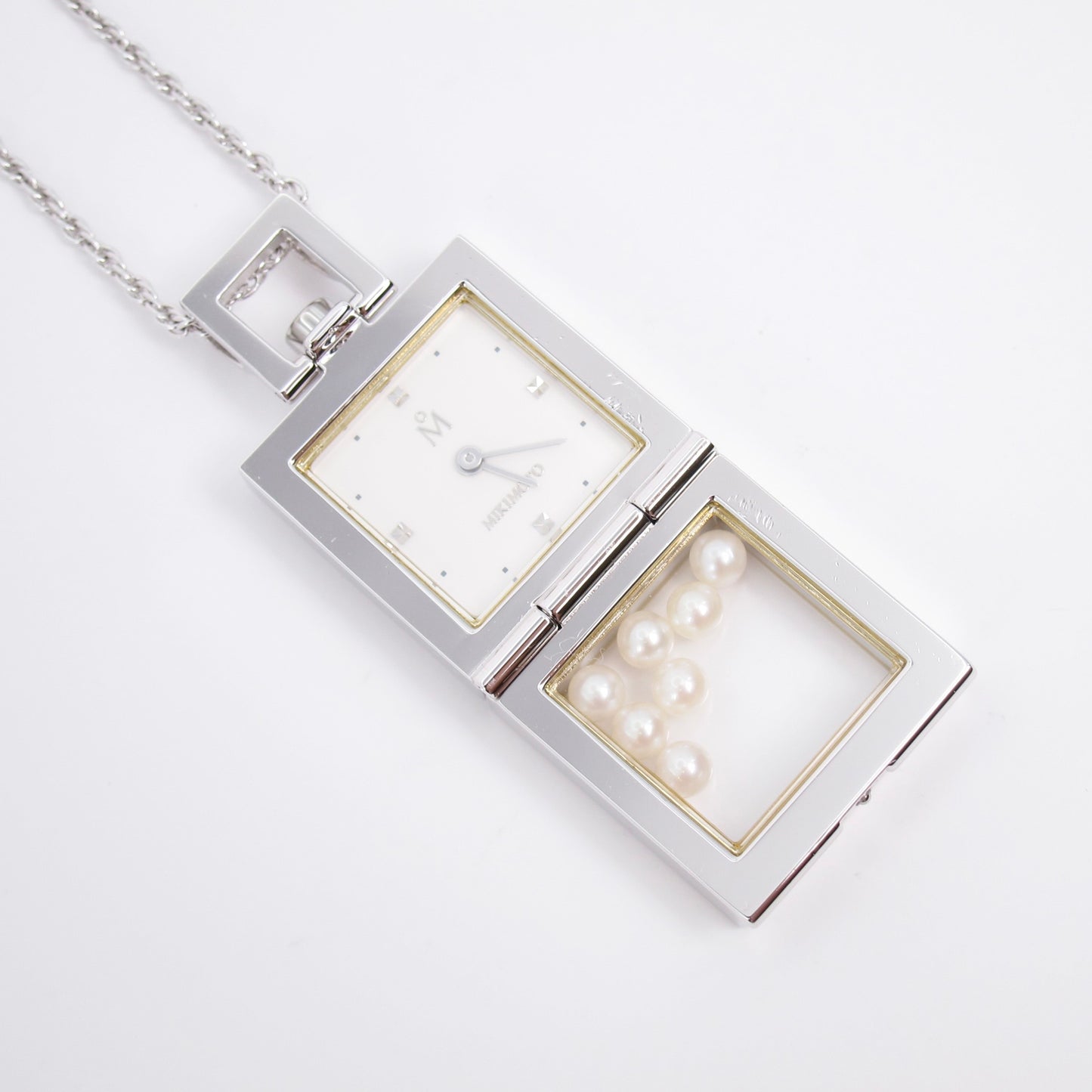 Mikimoto Vintage Pearl Pendant Quartz Clock Necklace With Box