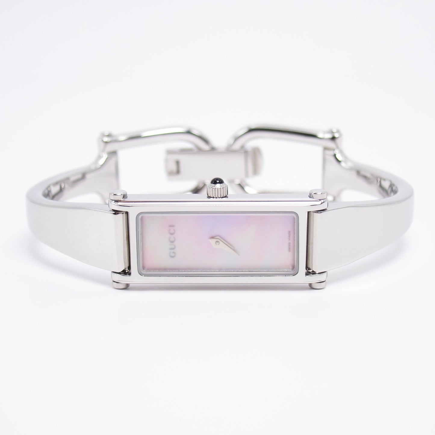 Gucci Vintage Rectangle Pink Shell Pearl Face Bangle Watch