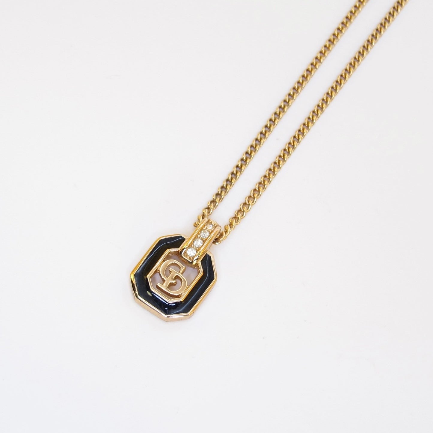 Christian Dior Vintage CD Logo in Octagon Black and Rhinestone Golden Necklace