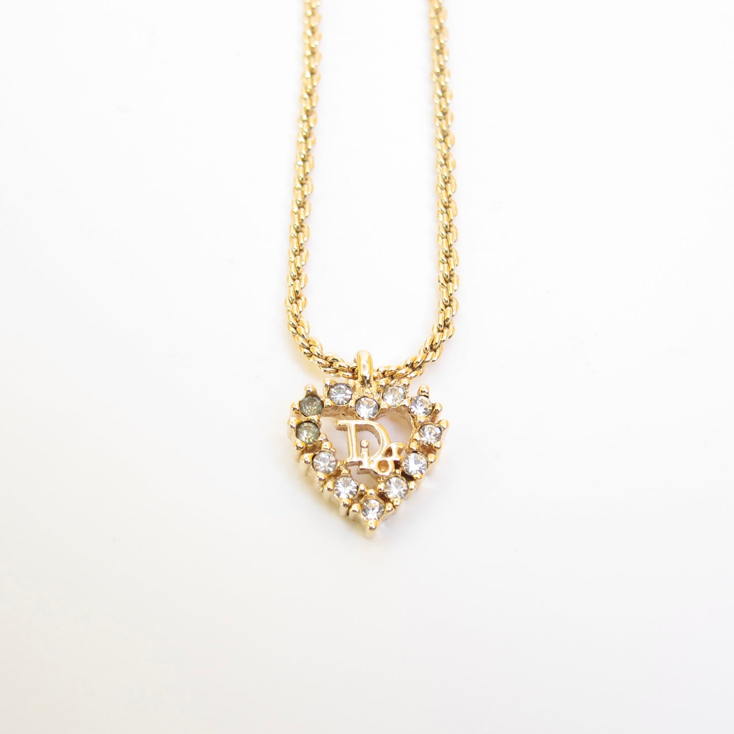 Christian Dior Vintage Dior Logo in Heart with Rhinestone Golden Necklace