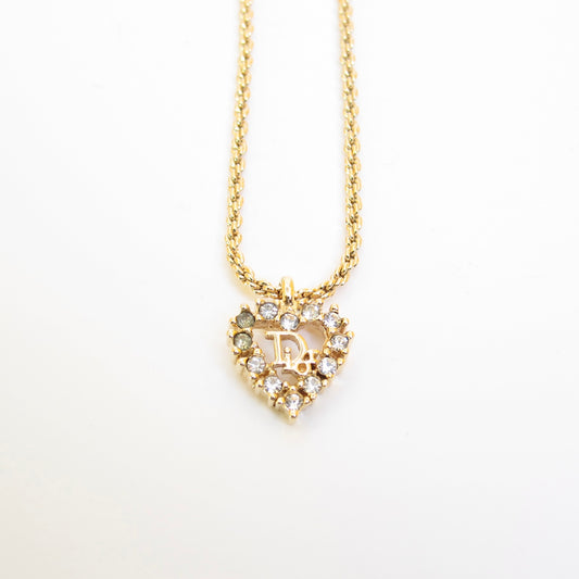 Christian Dior Vintage Dior Logo in Heart with Rhinestone Golden Necklace