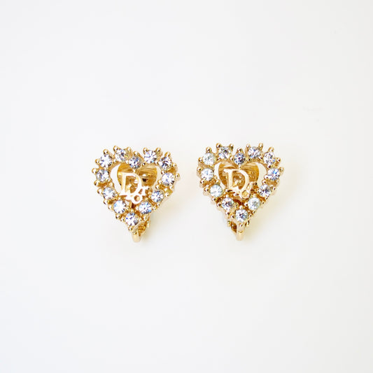 Christian Dior Vintage Dior Logo in Heart Shape with Rhinestone Golden Clip-on Earrings