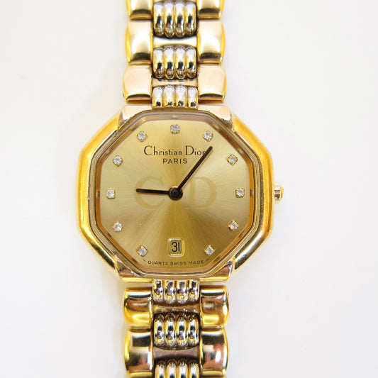 Christian Dior Vintage Octagon Golden Face Diamond Dial Two Tone Watch
