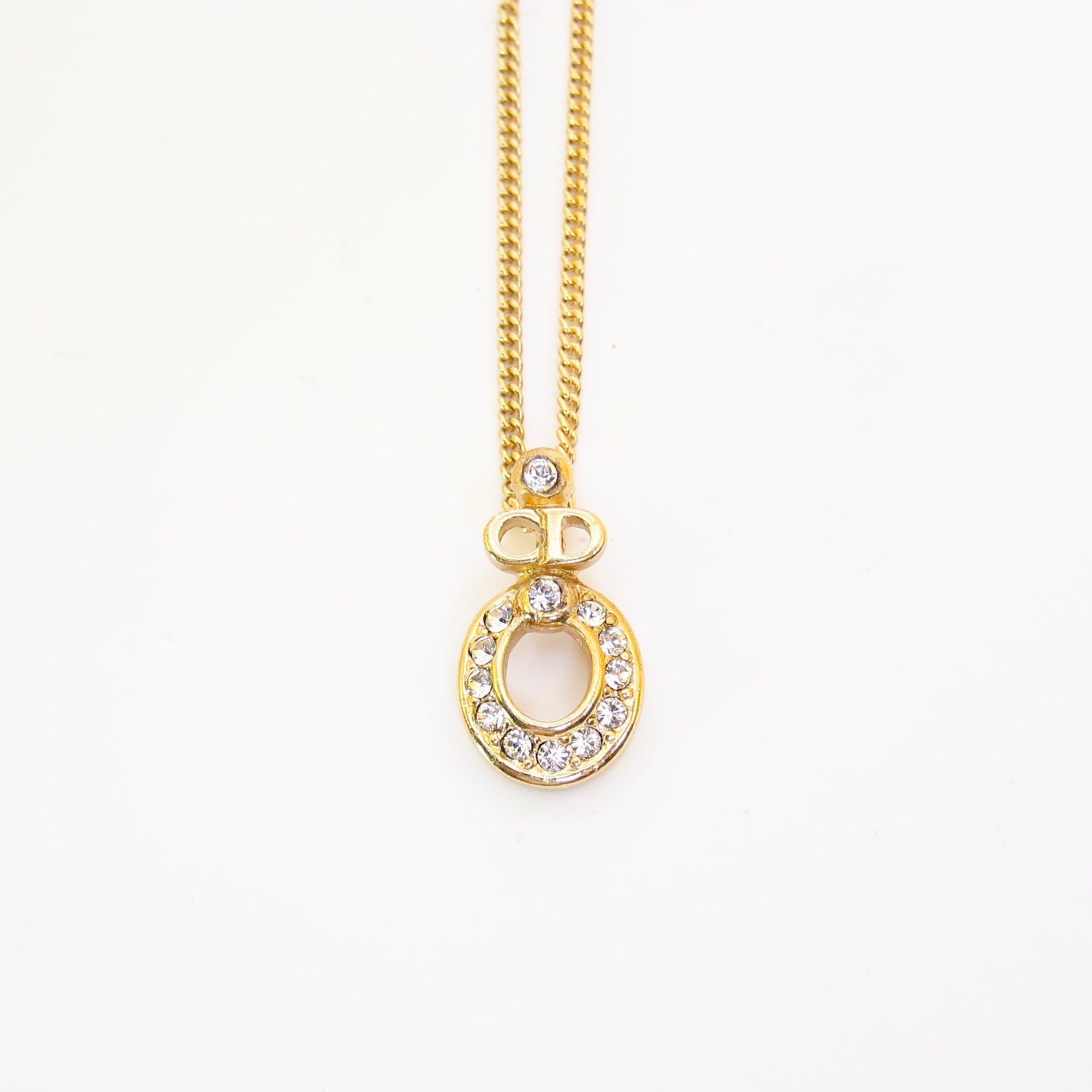 Christian Dior Vintage CD Logo and Circle with Rhinestone Golden Necklace