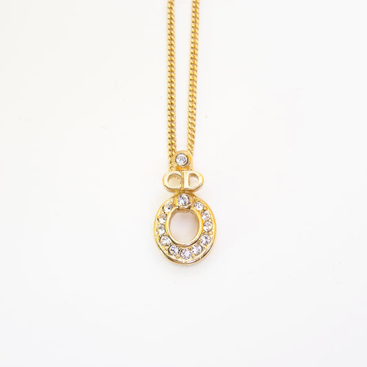 Christian Dior Vintage CD Logo and Circle with Rhinestone Golden Necklace