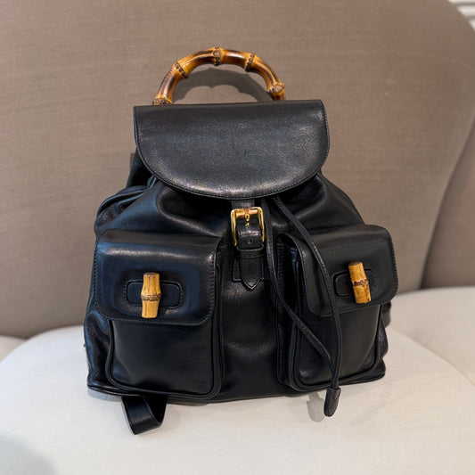 Gucci Vintage Bamboo Black Leather Backpack With Dual Pockets