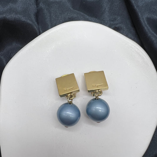 Ferragamo Vintage Golden Square X Blue Sphere Clip-On Earring