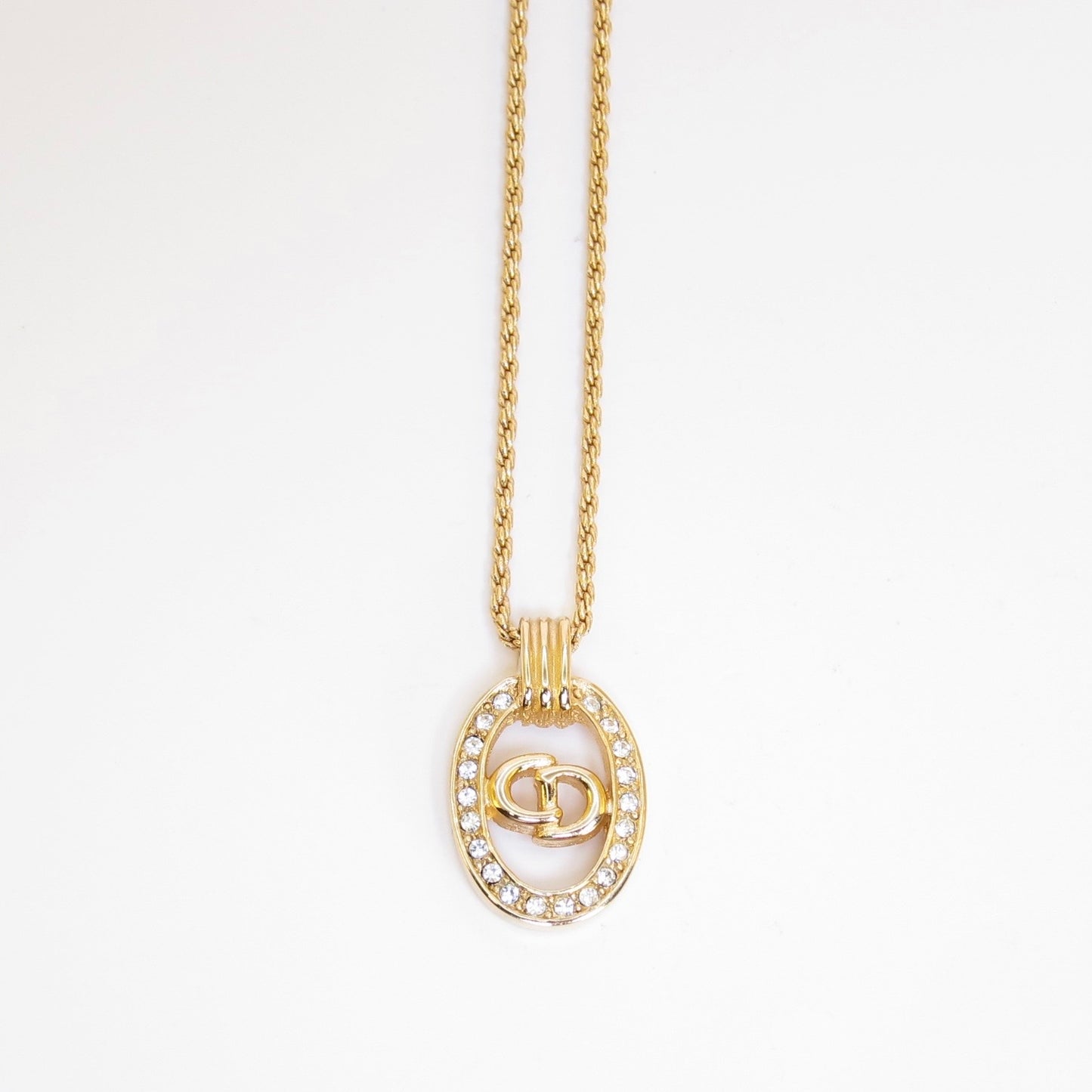 Christian Dior Vintage CD Logo in Oval Shaped with Rhinestone Golden Necklace