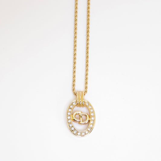 Christian Dior Vintage CD Logo in Oval Shaped with Rhinestone Golden Necklace