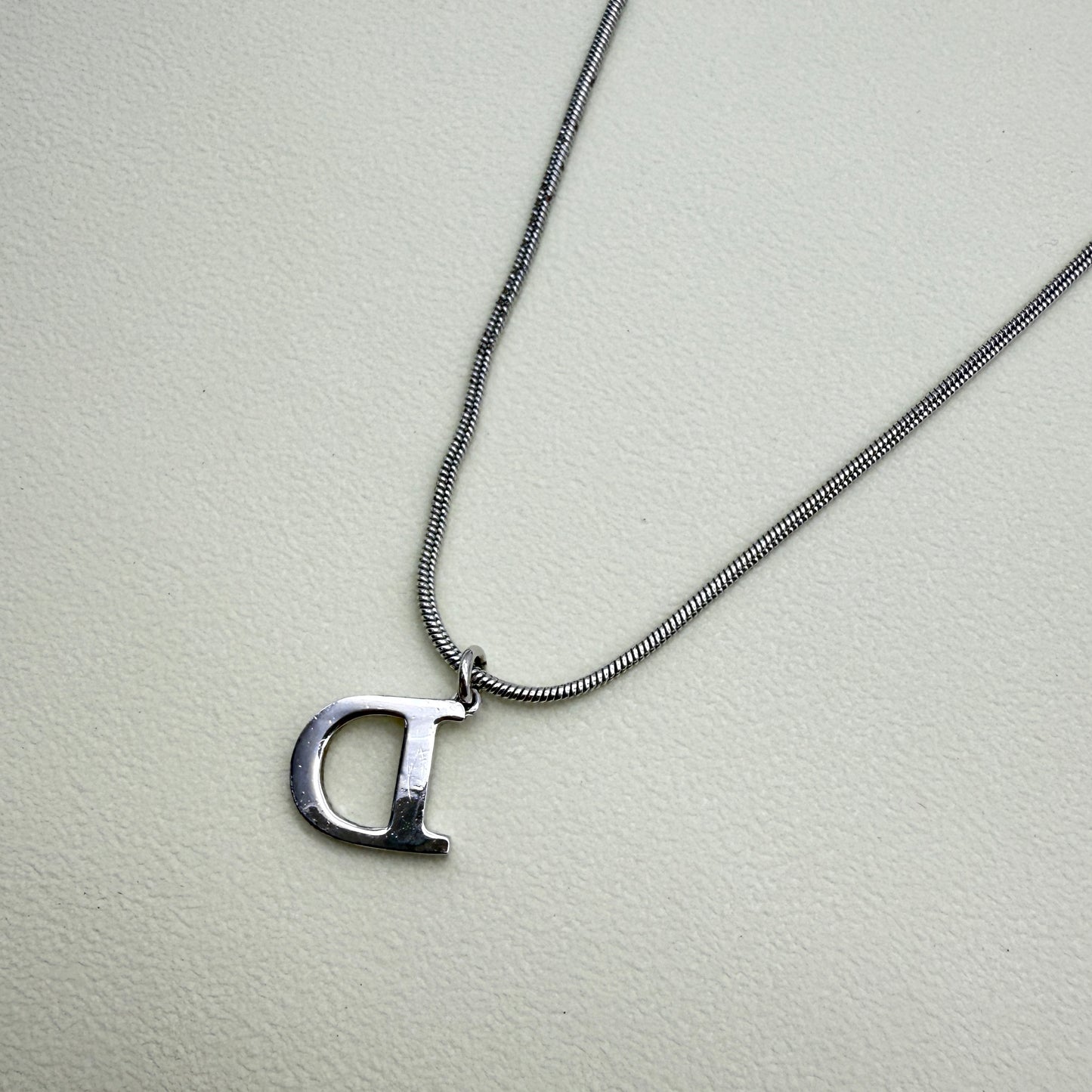 Christian Dior Vintage CD Logo on D Pendant Silver Necklace