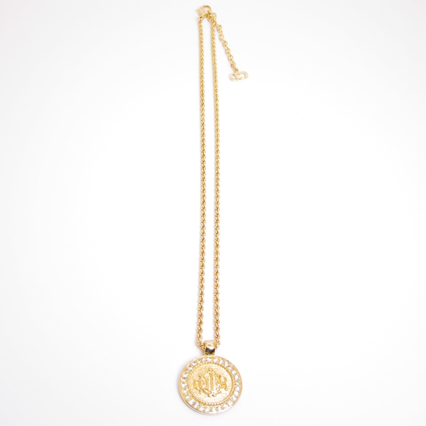 Christian Dior Vintage Dior Logo on Round Shaped with Rhinestone Golden Necklaces