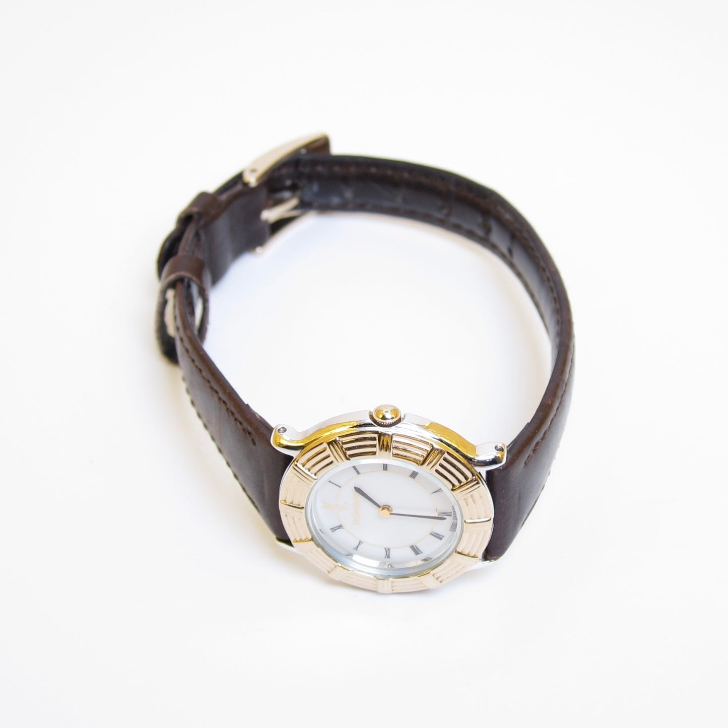 Yves Saint Laurent Vintage Round White Face with Black Leather Strap Two Tone Watch