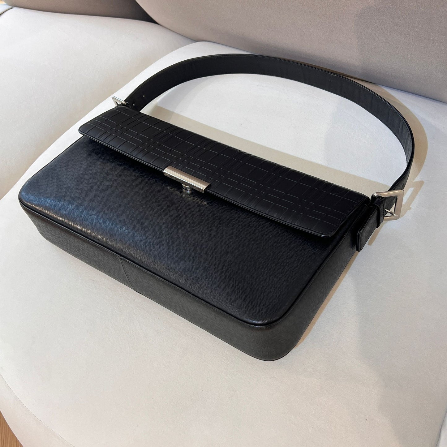 Burberry Vintage Embossed Check Black Leather Shoulder Bag