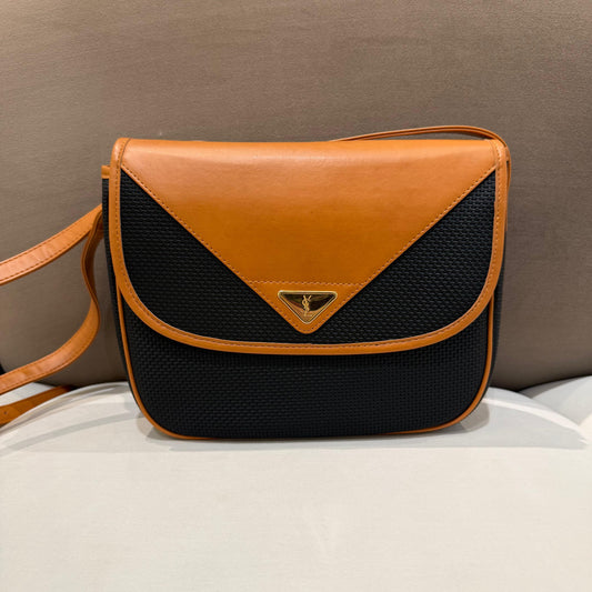 Yves Saint Laurent Vintage Black Textured Pvc Tan Leather Shoulder Bag