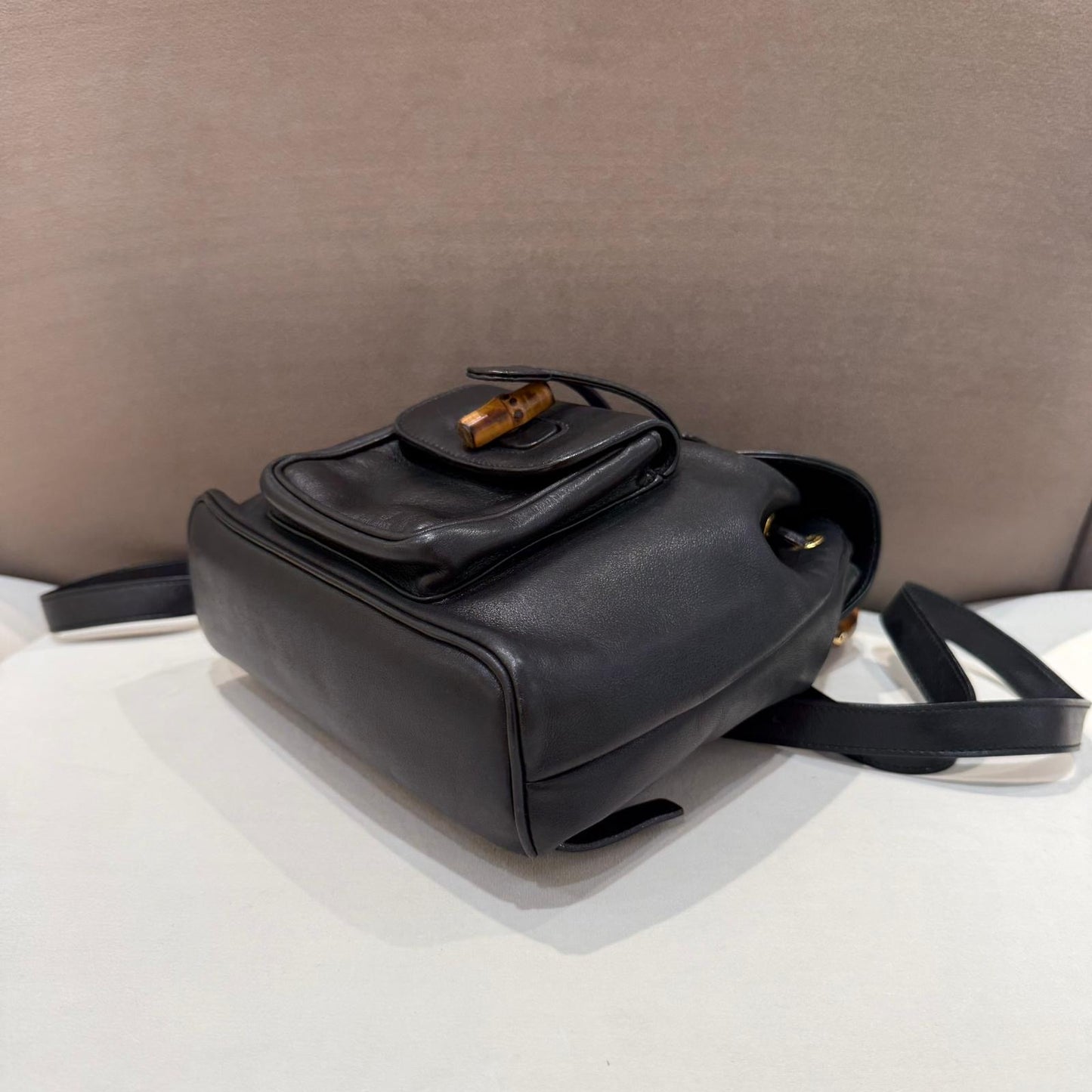 Gucci Vintage Black Leather Bamboo Small Backpack