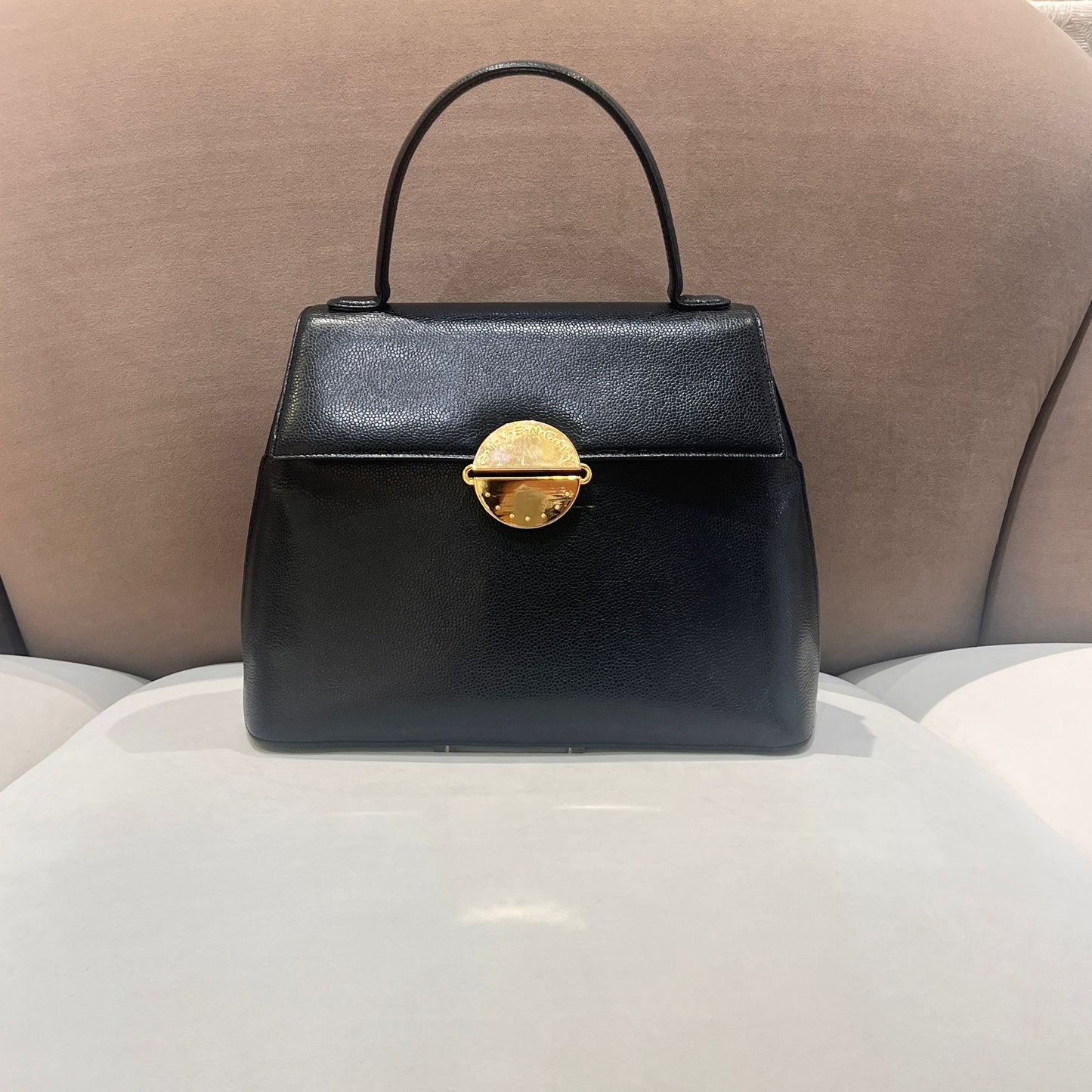 Givenchy Vintage Black Leather Gold Round Clasp Top Handle Handbag