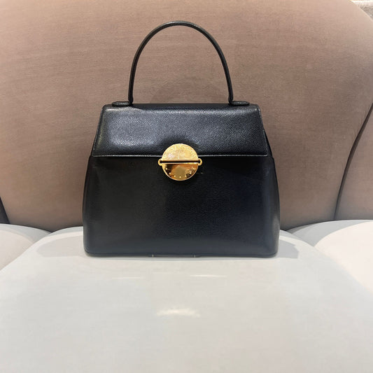 Givenchy Vintage Black Leather Gold Round Clasp Top Handle Handbag