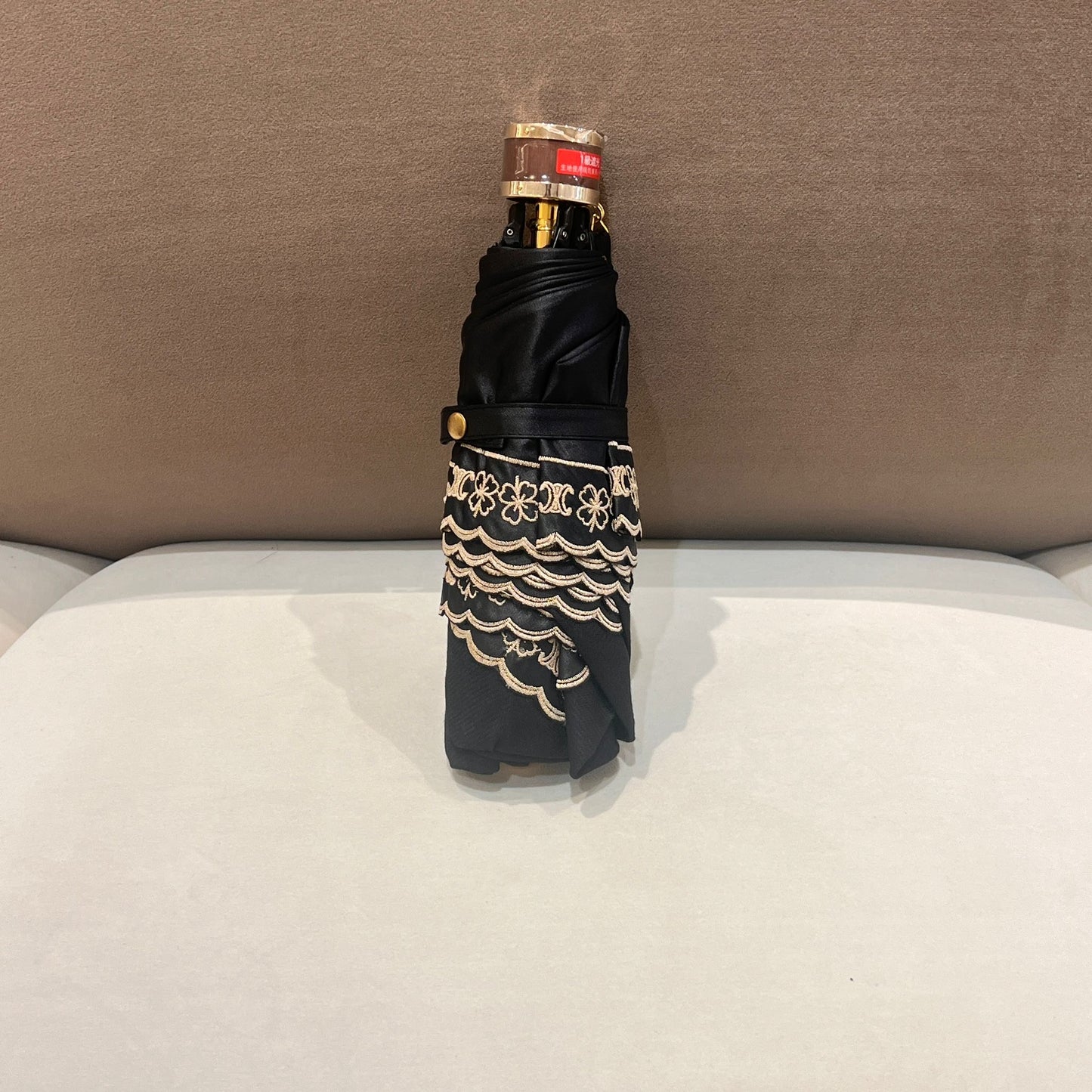 Celine Vintage Triomphe Logo Black Embroidered Umbrella