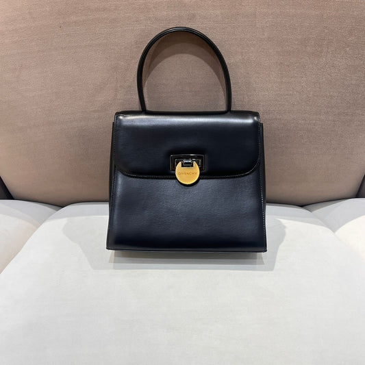 Givenchy Vintage Black Leather Structured Top Handle Clasp Handbag
