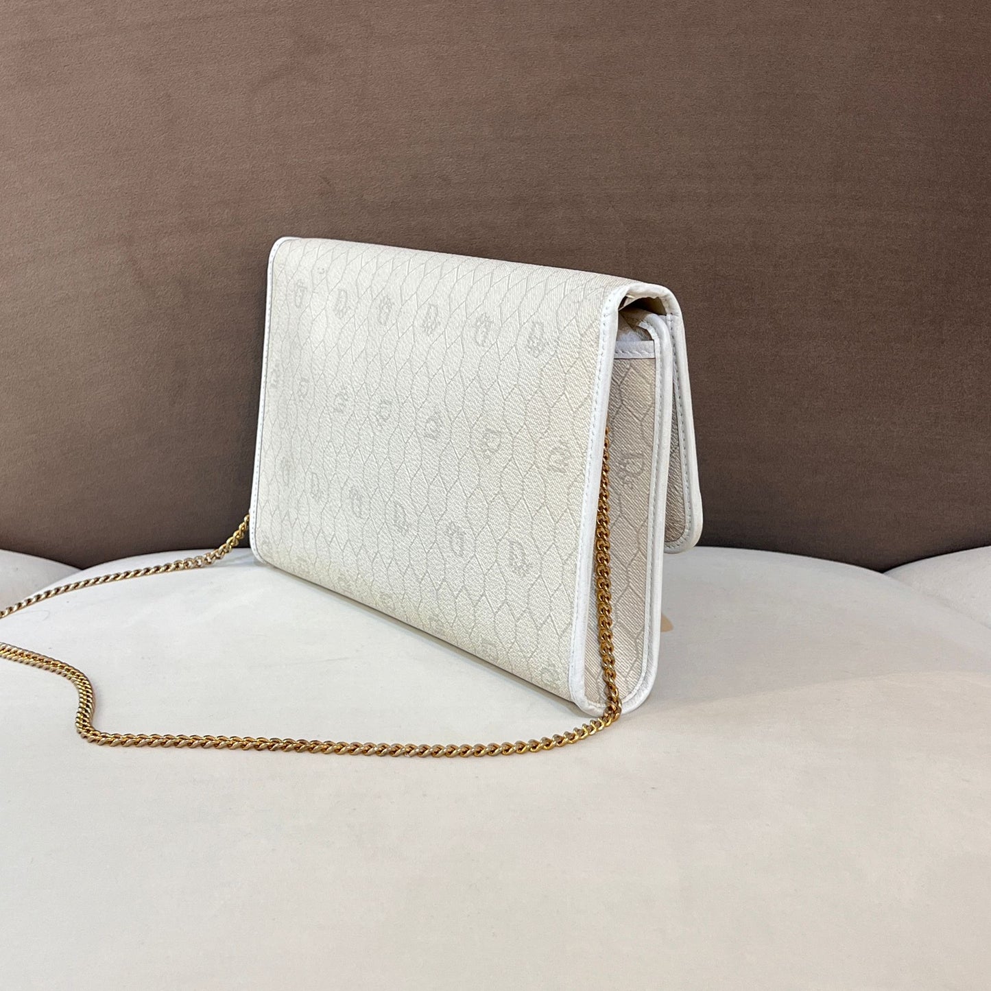 Christian Dior Vintage Honeycomb White Leather Gold Chain Shoulder Bag