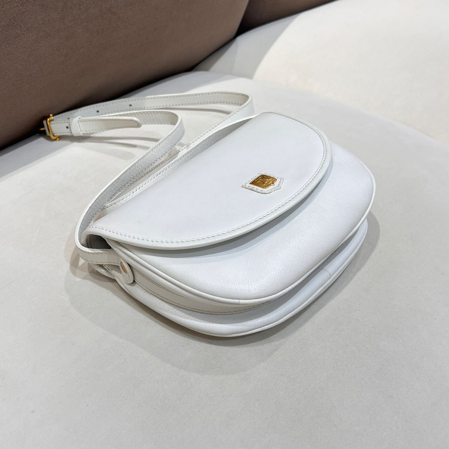 Celine Vintage White Leather Triomphe Shoulder Bag