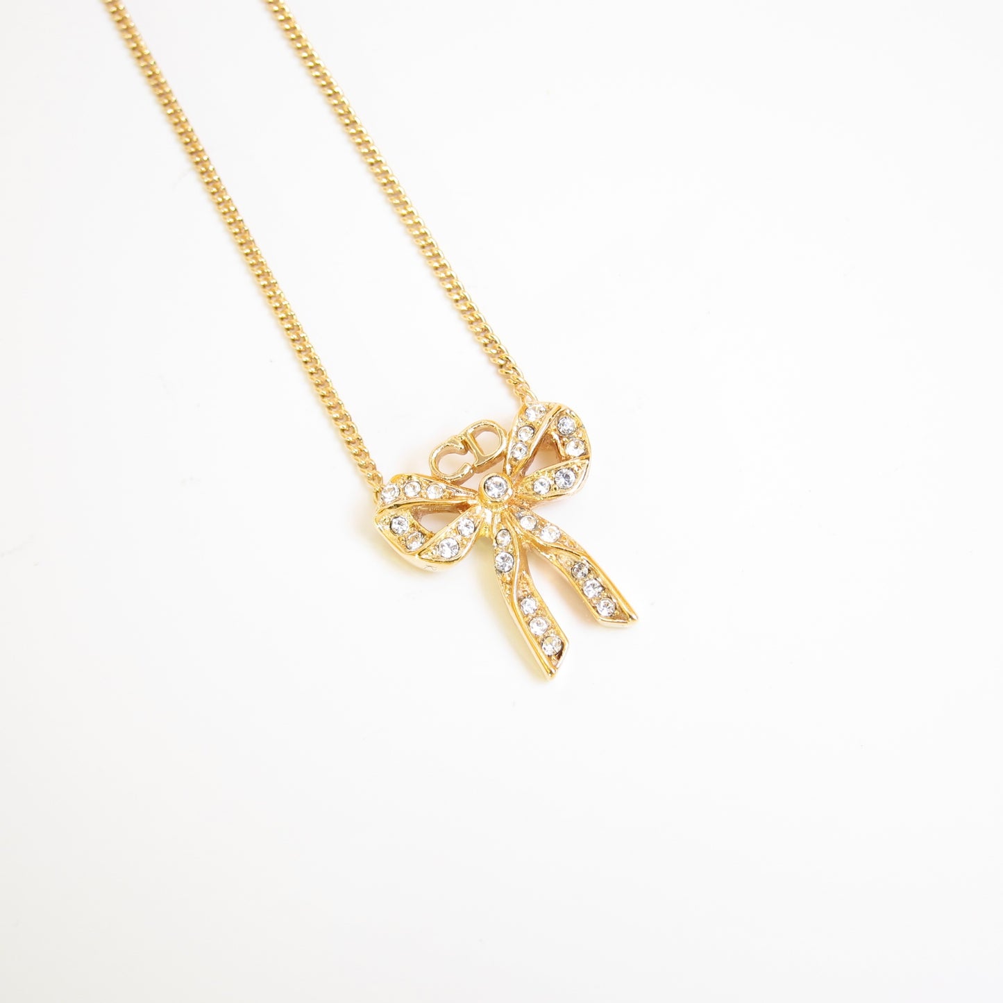 Christian Dior Vintage CD Logo and Ribbon with Rhinestone Golden Necklace