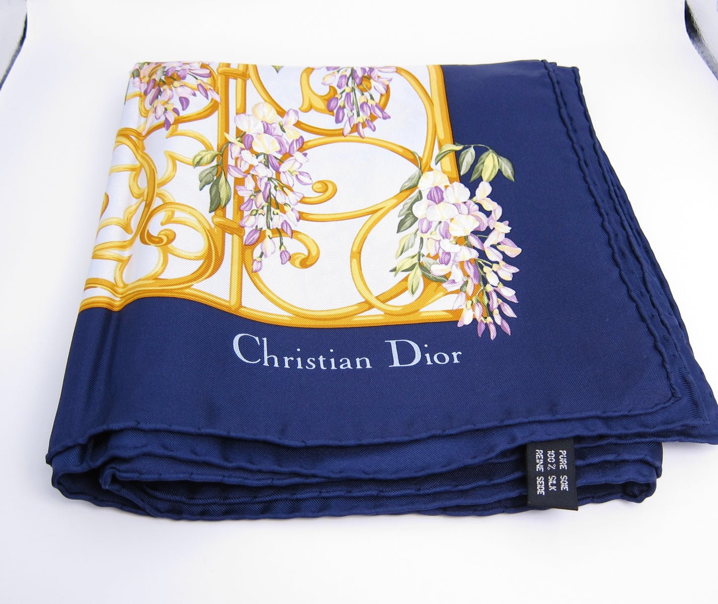 Christian Dior Vintage Ornate Gold Gate & Floral Print Silk Scarf