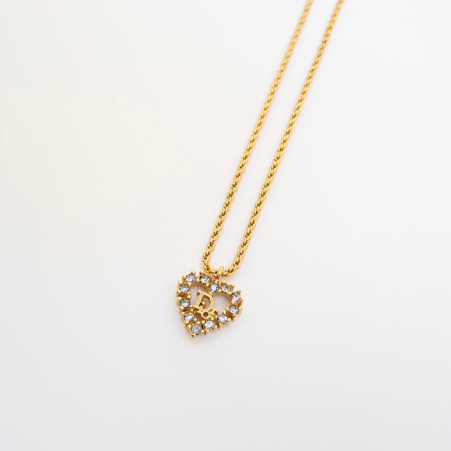 Christian Dior Vintage Dior Logo in Heart with Rhinestone Golden Necklace
