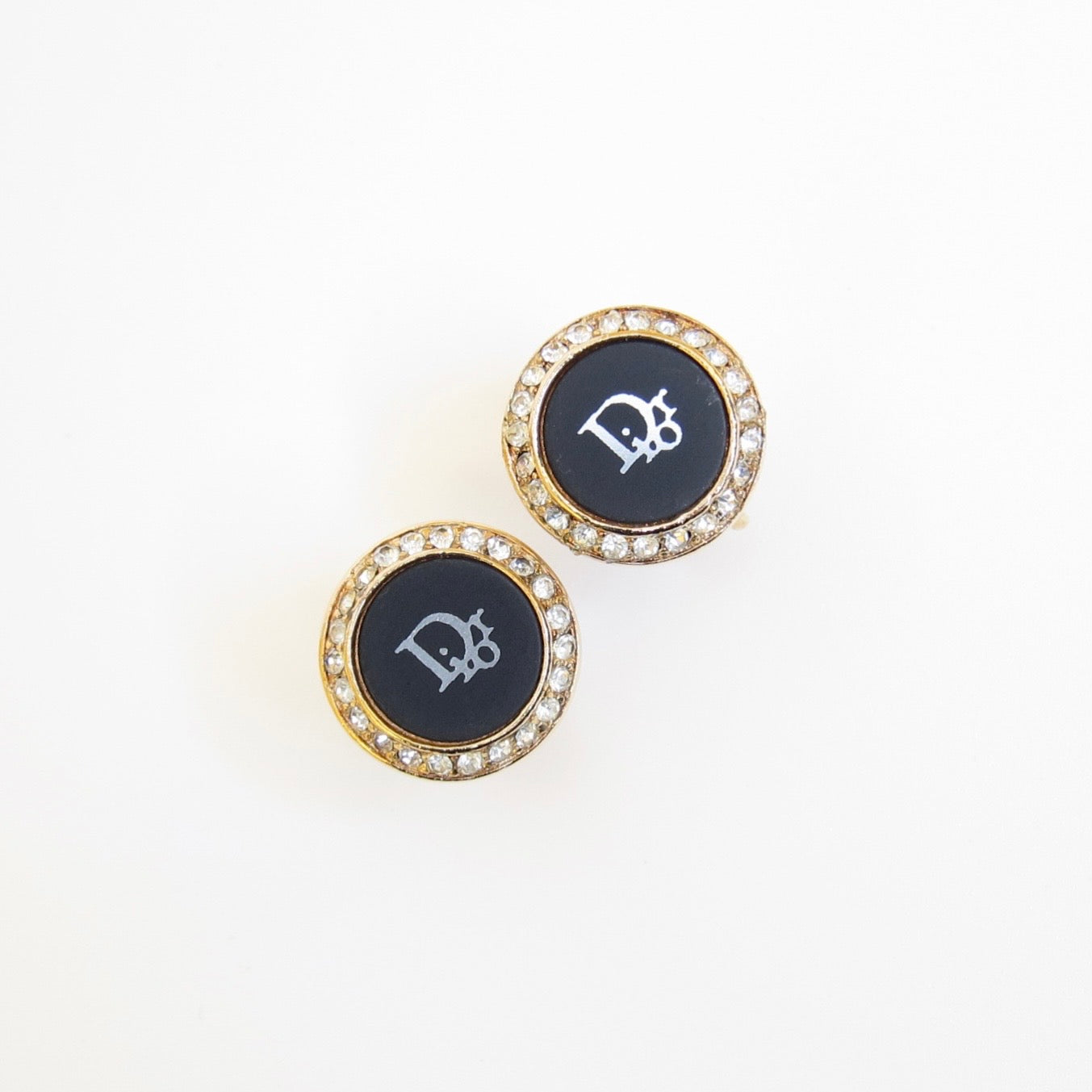 Christian Dior Vintage Black Enamel Crystal Logo Clip-On Earrings