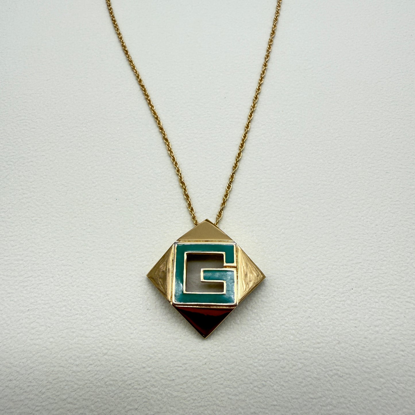 Givenchy Vintage Green Color G Logo in Rhombus Pendant Golden Necklace