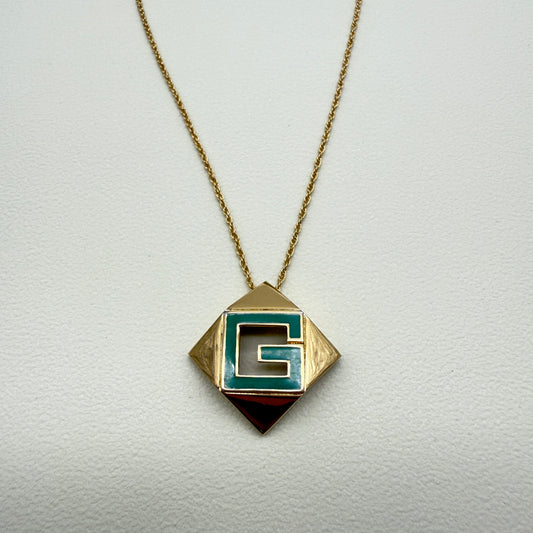 Givenchy Vintage Green Color G Logo in Rhombus Pendant Golden Necklace