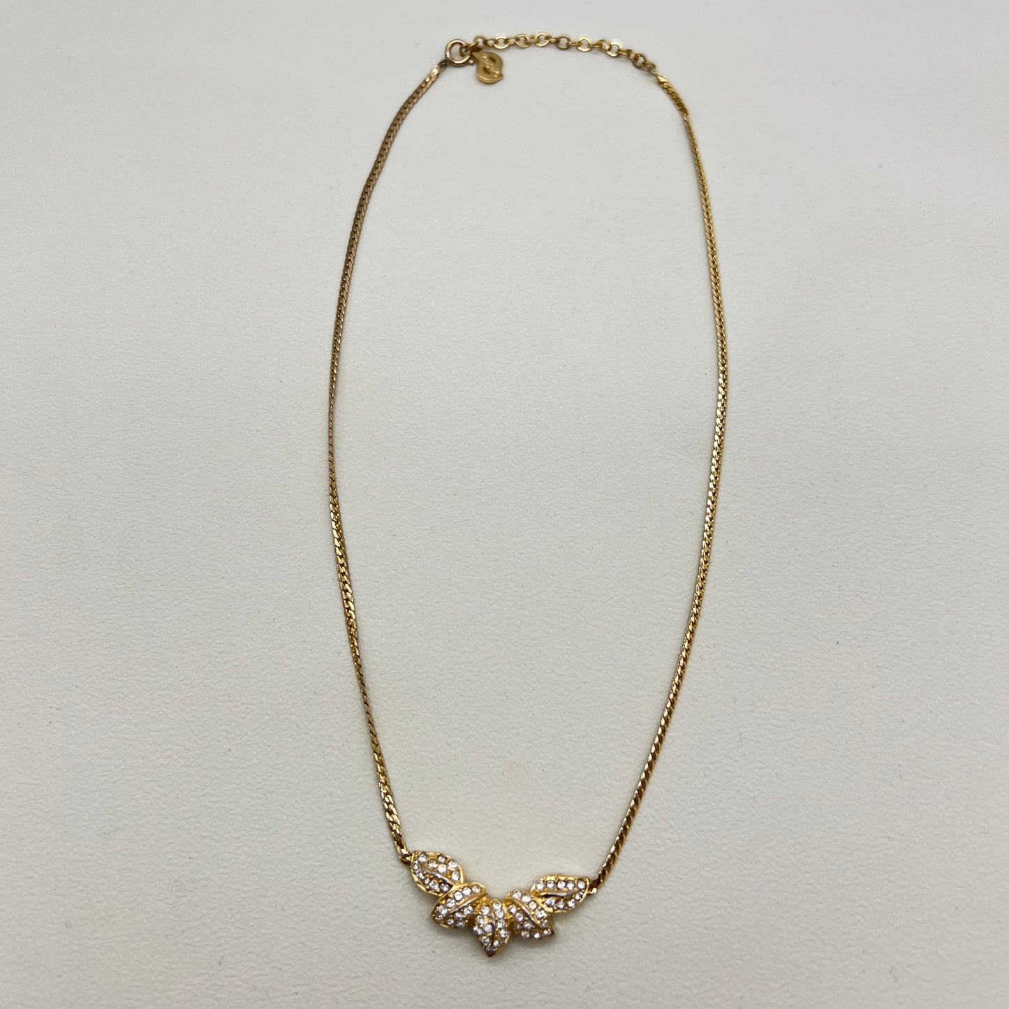 Christian Dior Vintage Leaf Motif Rhinestone Golden Necklac