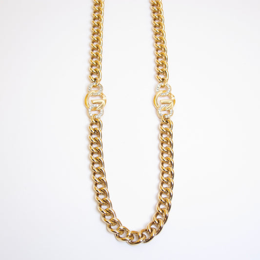 Givenchy Vintage G Logo and Rhinestone Golden Long Chain Necklace
