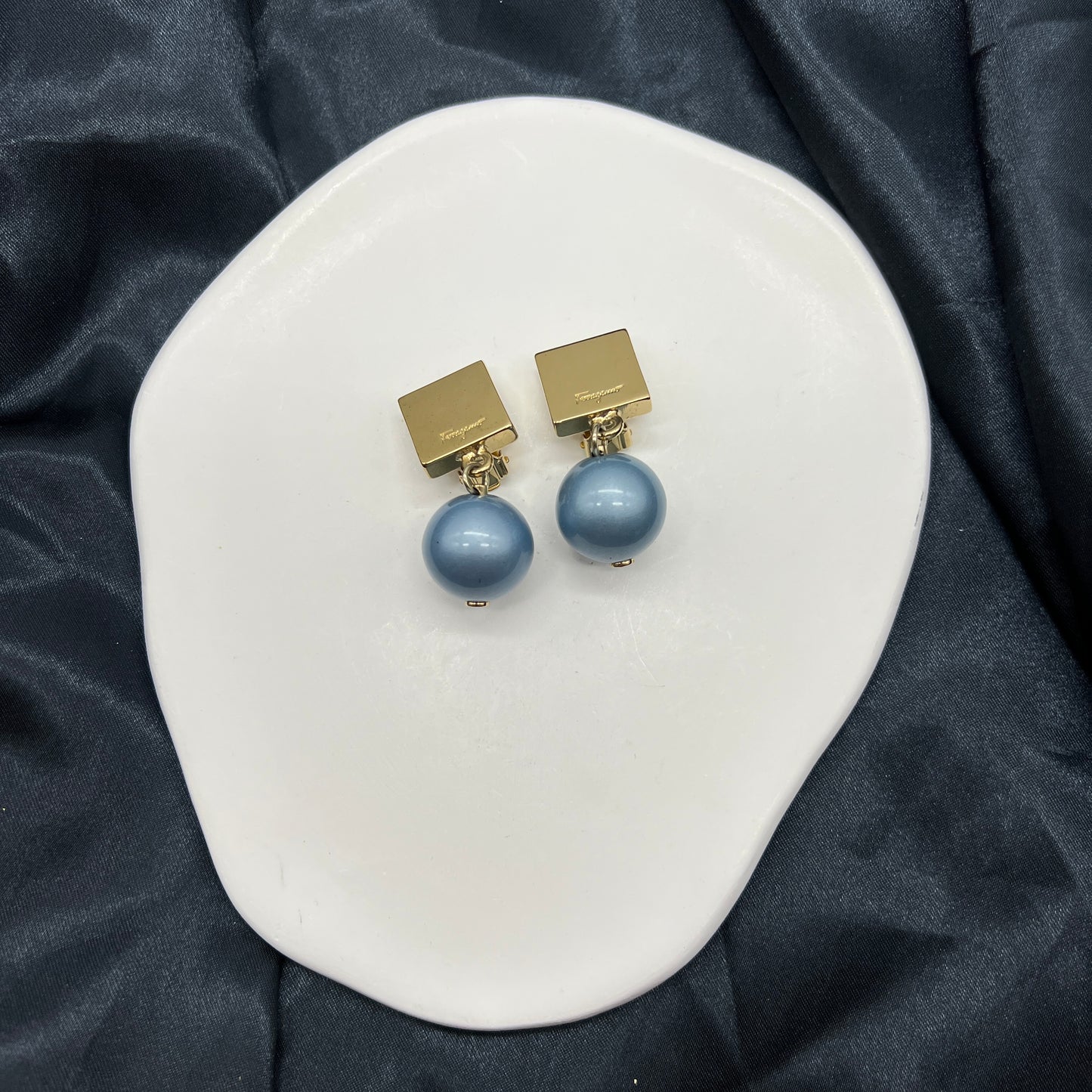 Ferragamo Vintage Golden Square X Blue Sphere Clip-On Earring