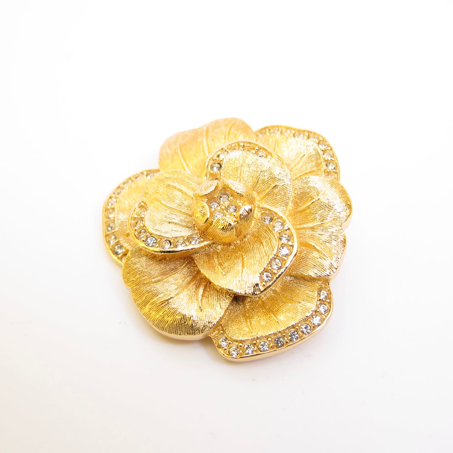 Christian Dior Vintage Flower Motif with Rhinestone Golden Brooch