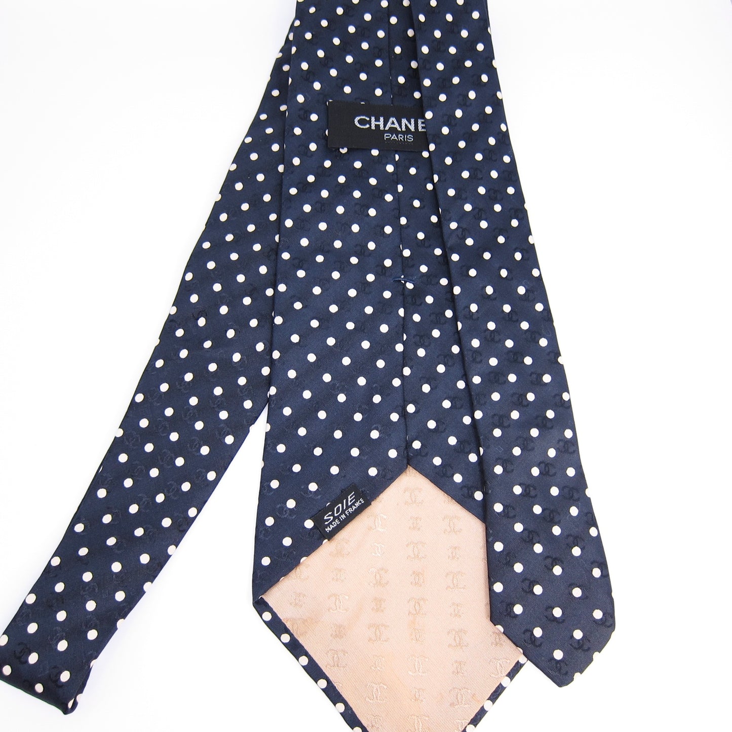 Chanel Vintage CC Logo and Polka Dot Navy Silk Tie